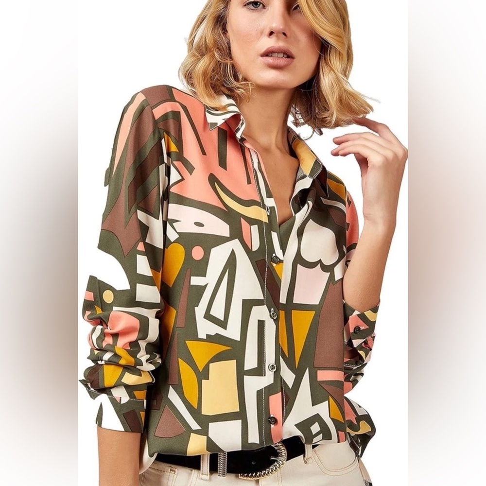 Big Dart 100% Viscose Women's Abstract Button-Down Long Sleeve Blouse Geometric